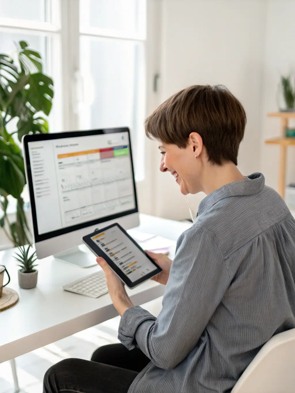 A person using Contact-One.App on a tablet, reviewing their personal budget with charts and graphs displayed on the screen, in a bright and modern office setting.