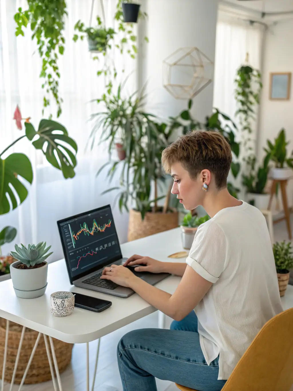 A user interacting with Contact-One.App's investment planning feature, viewing potential investment options and portfolio performance on a smartphone.